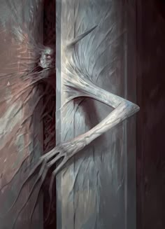 an abstract painting with white and red lines on the side of a door, in front of a dark background