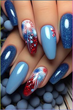 ✨Blue Abstract Nail Set ✨ \ 4th Of July Blue Nails, Red White Blue Firework Nails, Summer Nail Designs With Rhinestones, 4th Of July Chrome Nails, Fourth Of July Nail Art, White Nail Designs Summer, Summer Nails 4th Of July