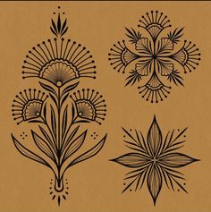 an image of some flowers on a piece of brown paper with black lines and dots