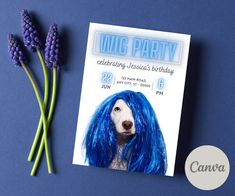 a birthday card featuring a dog with blue hair and flowers next to it on a blue background