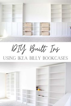 two white bookshelves with the words diy built tips using ikea billy bookcases