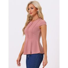 This Allegra K cap sleeve peplum top is an absolute must-have for anyone looking to add a touch of elegance and glamour to their wardrobe. The fitted waistline flows seamlessly into a flaring peplum hem, creating a flattering silhouette that will complement any body type. This stylish blouse can be paired with any bottoms to create a chic outfit suitable for any occasion. Not only will it enhance your beauty, but it will also add a touch of sophistication to your wardrobe, making it a versatile Feminine Fitted Peplum Tops, Chic Peplum Tops For Work, Casual Peplum Top For Work, Fitted Feminine Pink Peplum Top, Feminine Fitted Peplum Top With Short Sleeves, Feminine Peplum Blouse For Work, Chic Fitted Short Sleeve Peplum Top, Elegant Short Sleeve Peplum Top For Work, Fitted Peplum Blouse For Workwear