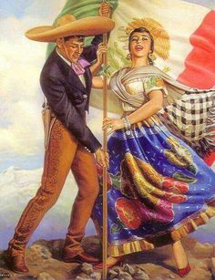 a painting of two people dressed in mexican gauchos and holding an american flag