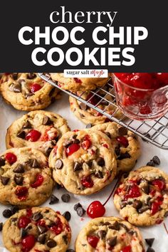 cherry chocolate chip cookies on a cooling rack with text overlay that reads cherry chocolate chip cookies