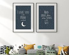 two posters with the words i love you to the moon and back in black and white