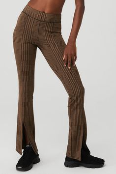 Jacquard High-Waist Glenplaid Flutter Legging - Cinnamon Brown/Black | Alo Yoga Boss Brand, Holiday Knits, High Neck Bra, Cinnamon Brown, Patterned Leggings, Back Women, Bra Top, Alo Yoga, Plaid Print