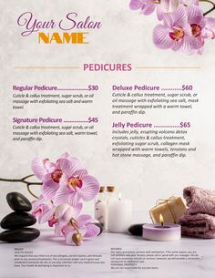 a flyer for a spa with pink orchids and candles on the table next to it