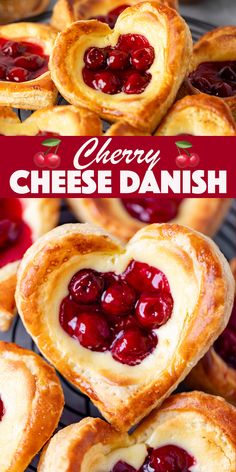 heart shaped cheese danish pastries with cherries on top and the words cherry cheese danish