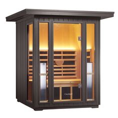 an indoor saunat with two doors open and lights on the inside, in front of