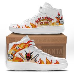 Stranger Things Hellfire Club Sneakers Custom Air Mid ShoesGear Wanta Stranger Things Shoes High Tops, Stranger Things Merch Shoes, Stranger Things Custom Shoes, Nike Air Force 1 Stranger Things, Stranger Thing Gifts, Custom Shoes Stranger Things, Stranger Things Stuff, Stranger Things Shoes, Stranger Things Hellfire Club