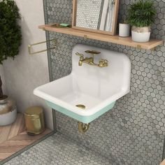 a bathroom sink sitting under a mirror next to a shelf with potted plants on it