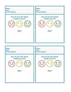 four square cards with smiley faces and question marks on the front, one is for what?