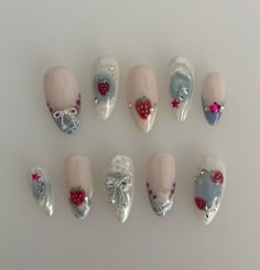 strawberry picnic, gingham, blue nails Blueberry Nails Design, Blue Nails Press On, Blue Strawberry Nails, Blue Gingham Nails, Picnic Nail Art, Nails Design Summer 2024, Nails With Strawberries, Blue Cute Nails, Blue Nails Cute