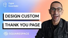 a man with glasses and a black jacket is smiling at the camera, in front of a colorful background that says design custom thank you page