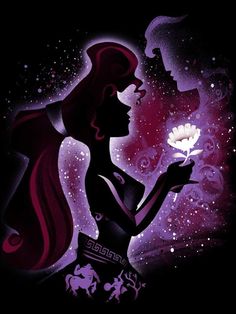 the little mermaid is holding a flower in her hand and looking up at the sky