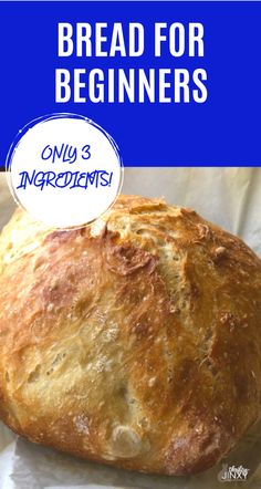 a loaf of bread with the words bread for beginners only 3 ingredients on it