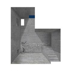 a drawing of a person standing in a room with stairs and steps leading up to the door