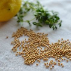 some food is laying out on a cloth next to a lemon and parsley leaf