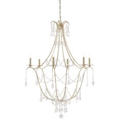 a gold chandelier with crystal drops hanging from it's arms and sides