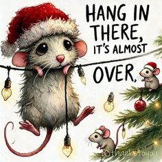 a christmas card with a mouse hanging from a tree and two mice on the string