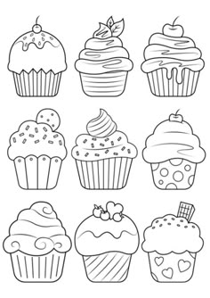 cupcakes with different toppings are shown in black and white, as well as the