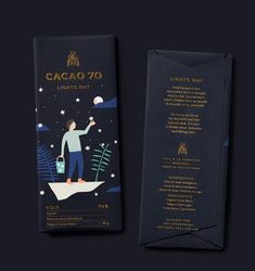 the packaging design for cacaao 70 is shown on a black background with gold lettering