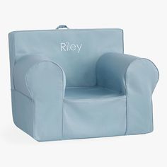 a blue children's chair with the name riley written on it, sitting in front of a white background