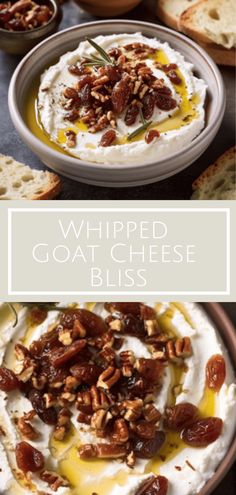 whipped goat cheese with raisins and olives in a bowl next to bread