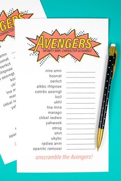 two avengers trivias on top of each other with a pen next to them