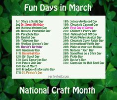 the national craft month poster with shamrock leaves in the foreground and words fun days in march