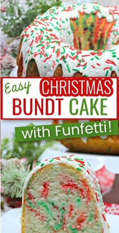 christmas bundt cake with white frosting and sprinkles