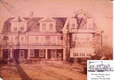 an old photo of a house with red lines on the front and side of it