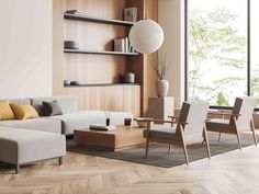 a living room filled with furniture next to a large window and wooden floored walls