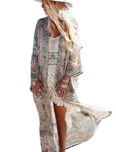 PRICES MAY VARY. Size(inch): Bust:59.05" Waist:59.05" Length:49.21" Sexy kimono with wide cut sleeves and open front The long oversize fit looks more stylish and very flowy Suitable for: Party, Daily Wear, Swimming pool, Beach Sheer lightsome chiffon fabric,it's a little bit transparent Bsubseach Womens Long Chiffon/Rayon/Lace Beach Blouses Cardigan Kimono Bikini Cover Up Swimwear Kaftan
 Feature:
 Material: Chiffon/Rayon/Lace
 Style: Bohemian
 Sleeve: Long/Half/3/4 Sleeve
 Washing: Hand Wash. H Long Floral Kimono, Gilet Kimono, Womens Blouses Summer, Floral Kimono Cardigan, Loose Kimono, Chiffon Cardigan, Beach Blouse, Kimono Floral, Mode Kimono