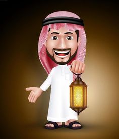 an arabic man holding a lantern and pointing at it with his finger royalty illustration on a dark