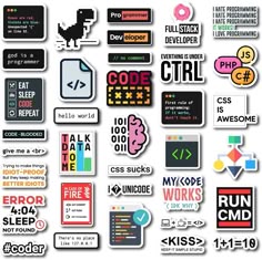 many different stickers and decals on a white background, including one that says code