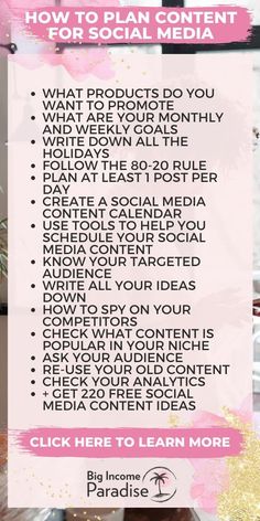 a pink and white sign with the words how to plan content for social media on it