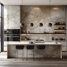 a kitchen with marble counter tops and black chairs