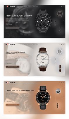 three different webpages with watches on the front and back side, one for men's watches