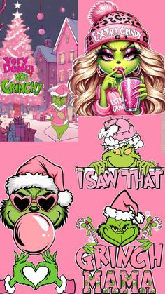 an image of the grinch family in pink and green