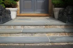 steps leading up to the front door of a house with statues on either side and potted plants