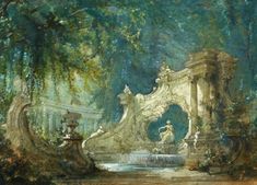 a painting of a fountain in the middle of a forest