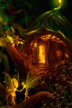 an image of a fairy house in the woods at night with fireflies flying around