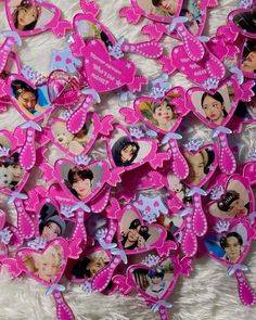 pink hearts with pictures of women and men on them are arranged in the shape of heart shapes