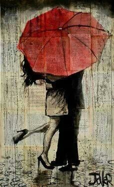 a painting of a couple kissing under an umbrella in the rain with graffiti on it