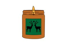 a jar with some deer on it and a candle in the bottom that is lit