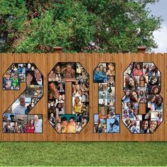 a wooden fence with many photos on it and the word 30 written in large letters