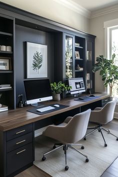 a desk with two chairs and a computer on it