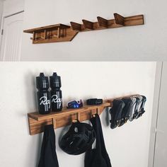 there is a shelf that has some items on it and two bags hanging from the wall