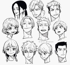 the many faces and hair styles of an anime character, from different angles to each other